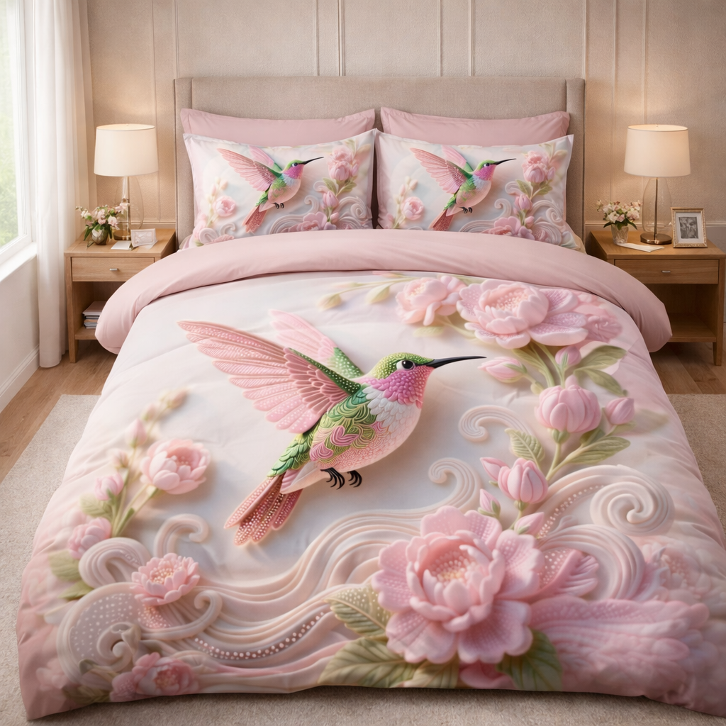 Blush Hummingbird Floral Printed Bedsheet – Soft Luxury Cotton by Home Collective