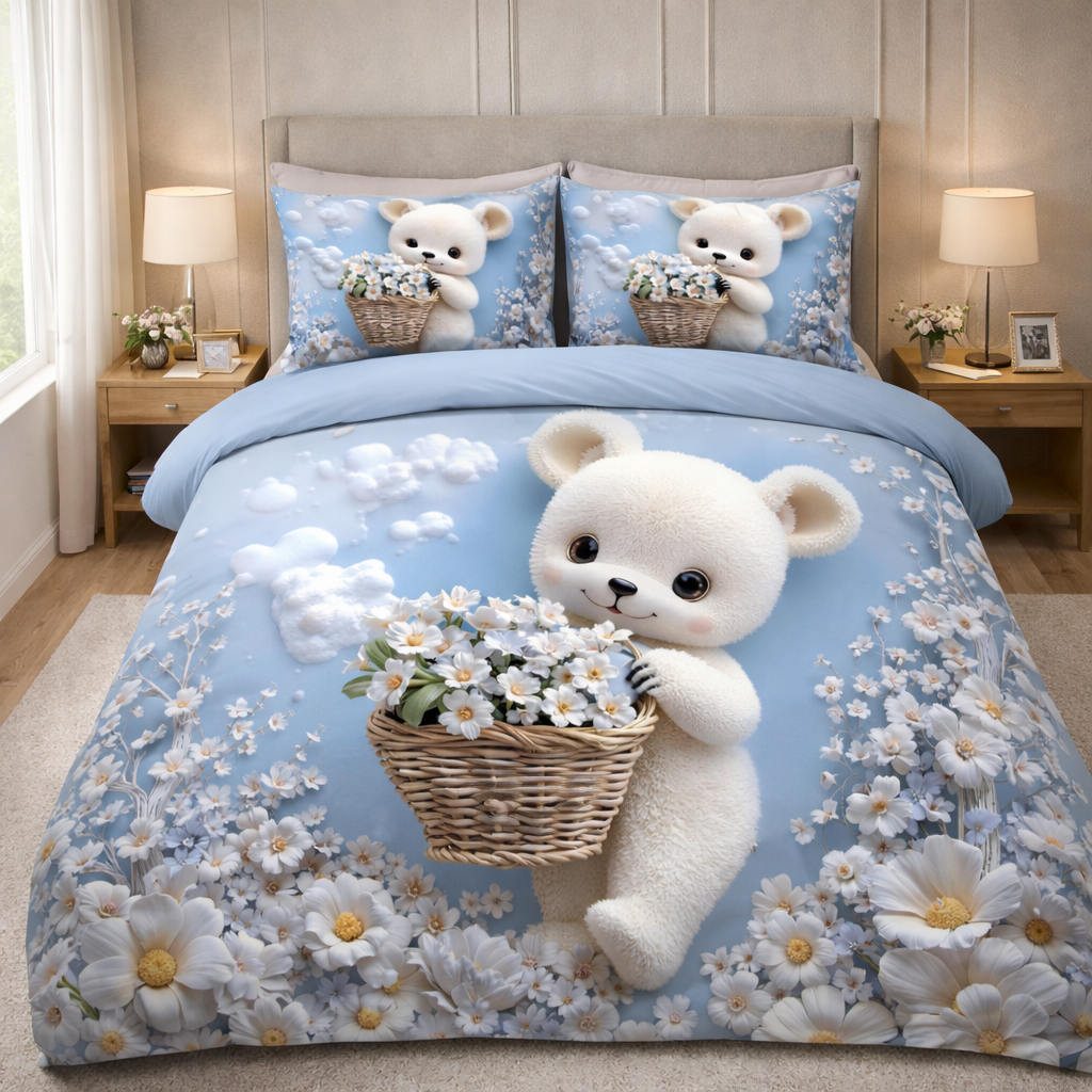 Cute Teddy Bear Floral Printed Bedsheet – Premium Soft Microfiber Comfort by Home Collective