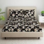 Black Premium Floral Cotton Printed Elastic Fitted Bedsheets with Pillow covers |by Home Collective