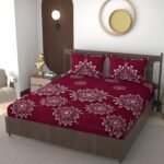 Maroon Mandala Printed Cotton Elastic Fitted Bedsheets with Pillow case |by Home Collective